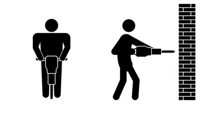 Set of stick figures, worker with a jackhammer, flat vector illustration.