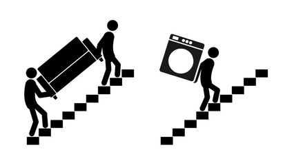 Set of stick figures, professional movers and parcel delivery, flat vector illustration.