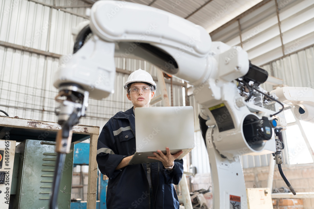 Poster robotic arm, robotic manufacturing industry. woman engineer working with laptop computer for setup, 
