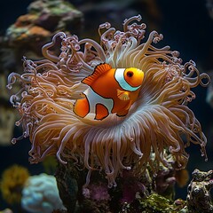 A Sea Anemone's Tentacles Safely Nestle a Colorful Clownfish in a Symbiotic Relationship