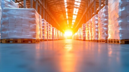 Logistic Pallet Stacked in Distribution Center Rows of stacked pallets with shrink wrapped goods in a large distribution center, organized and efficient storage system