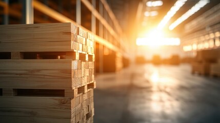 Fototapeta premium Logistic Pallet Stacked in Distribution Center High shelves filled with stacked pallets, warehouse interior, showcasing efficient storage solutions and logistics infrastructure