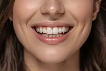 Obraz premium Smiling young woman with flawless teeth and natural beauty, showcasing confidence and happiness.