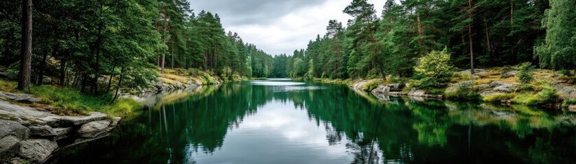 Scenic view of lake in pine forest with mountain and park concept. Serene forest lake reflecting trees under a cloudy sky.