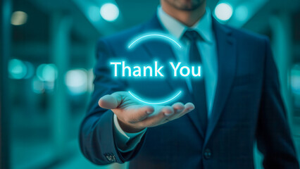 Obraz premium Businessman Expressing Gratitude with Neon Thank You Sign in Modern Office Setting