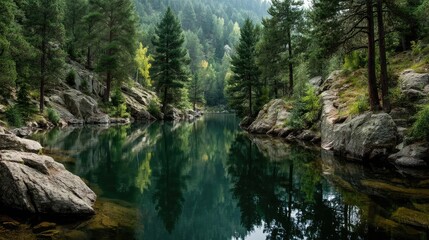 Obraz premium Scenic view of lake in pine forest beside nature park concept. Tranquil lake reflecting lush pine trees in a serene landscape.