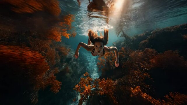 AI generated illustration of a woman swimming smoothly through orange coral reef underwater