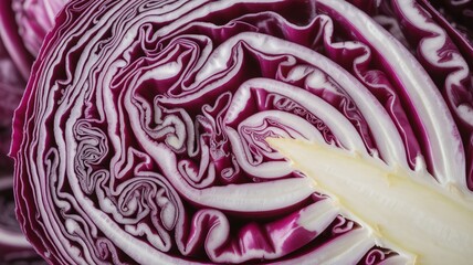 Obraz premium Close-up of vibrant purple cabbage, showcasing intricate spiral patterns and fresh textures.