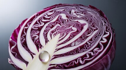 Fototapeta premium Close-up of a vibrant purple cabbage slice with a water droplet resting on its surface.