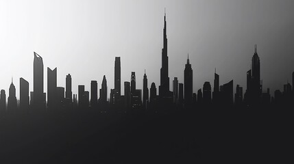 Obraz premium Monochromatic Majesty: A Silhouette of Dubai's Iconic Skyline at Dusk