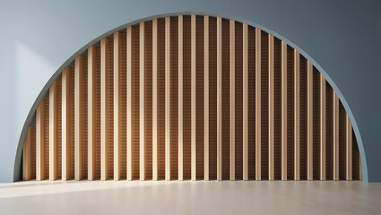 Modern Interior with Wooden Slat Wall and Arch, Minimalist Podium Background for Product Display and Presentation, Clean and Bright Studio Space