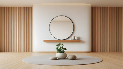 Minimalist Interior with Wooden Wall Panels and Round Podium Rug, Featuring Mirror and Plant for Calm Home Decor in Natural Light