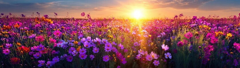 Fototapeta premium Blooming flowers in meadow with paradise feel and dreamy concept. A vibrant field of blooming flowers under a golden sunset.