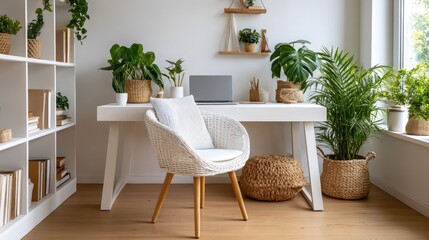 White modern home office with plants