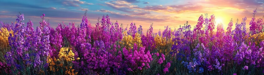 Fototapeta premium Blooming flowers in meadow with paradise feel and dreamy concept. Vibrant wildflowers in a colorful meadow at sunset.