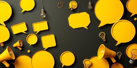 Vibrant yellow & black speech bubbles, megaphones, light bulbs; fun facts trivia design, design, vibrant