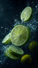 Fresh green citrus limes, cut in half, create a sour and juicy drink when mixed with water