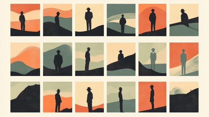 A set of landscape posters with men in old-fashioned colors. It shows men's shapes and art. Good for social media, posters, cards, and prints.

