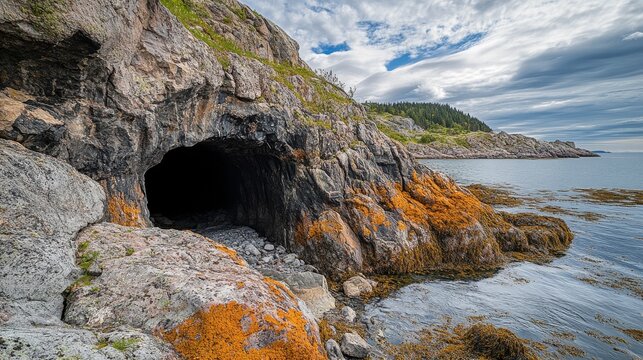A rocky wall has a dark hole in it. This is the entrance to a cave in the old Spro mine in Nesodden, Norway. It's on the Nesoddtangen peninsula.

