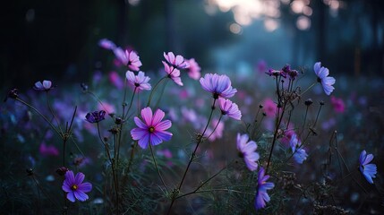 Blooming flowers in meadow through dreamy gardens and paradise concept. A close-up view of vibrant flowers in a serene natural setting.