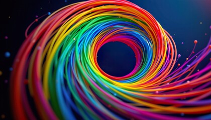 Fototapeta premium Colorful Swirl of Vibrant Rainbow Strands in Motion Capturing Energy and Movement in Abstract Design
