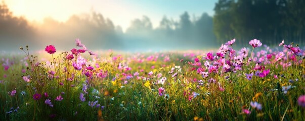 Obraz premium Blooming flowers in meadow across glowing vibrant paradise concept. Vibrant field of wildflowers illuminated by soft morning light.