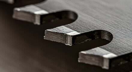 Close-up view of a sharp saw blade teeth, showcasing the intricate detail and precision of its cutting edge.  The image highlights the metal's texture and the sharpness of each tooth.