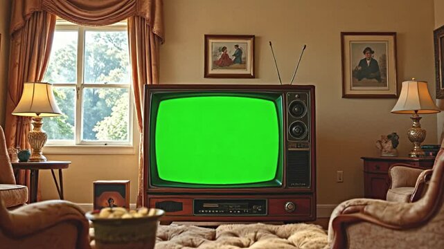 antique television broadcasting a green screen, set in a 1970s inspired living room, detailed elements like shag carpeting and vintage lamps, a window revealing a sunny day outside