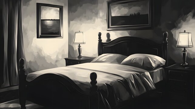 Interior grayscale bedroom scene with soft lighting.