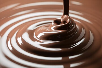 Rich, smooth chocolate pouring creating ripples in a glossy surface.