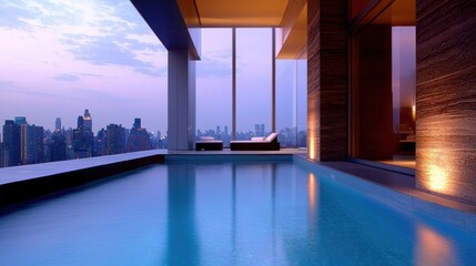 Fototapeta premium Modern Rooftop Pool Rooftop pool with minimalist design, sleek furniture, urban setting, sophisticated atmosphere
