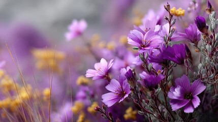 Fototapeta premium Blooming flowers in meadow across glowing vibrant paradise concept. Vibrant flowers blooming in shades of purple and yellow outdoors.