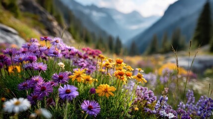 Blooming flowers in meadow with paradise feel and dreamy concept. Vibrant wildflowers bloom in a stunning mountain landscape.