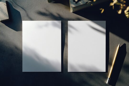 Two blank sheets of paper, shadowed, on a dark surface