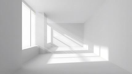 Fototapeta premium Sunlight Illuminates Empty White Room: Modern Architecture Design with Clean Lines and Minimalist Aesthetic, Featuring Bright Light and Spacious Interior, Exuding Serenity and Tranquility.