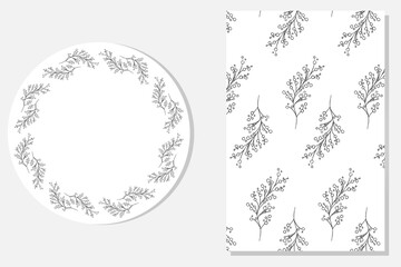 Elegant black and white botanical illustrations featuring a circular floral frame and a seamless repeating pattern. Perfect for invitations, branding, and packaging design.
