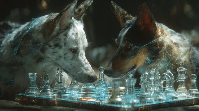 Two dogs play chess in a futuristic setting