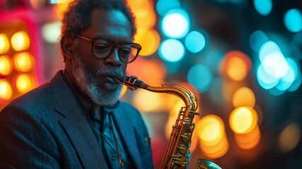 Elderly Black man playing saxophone in moody jazz club lighting, cinematic video with warm orange and cool blue tones, ideal for music branding, cultural content, and artistic promos with center copy 