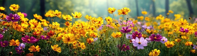 Blooming flowers in meadow across glowing vibrant paradise concept. A vibrant field of colorful flowers blooming in the sunshine.