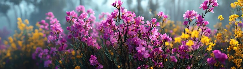 Blooming flowers in meadow across glowing vibrant paradise concept. A vibrant field of blooming orchids and wildflowers in spring.