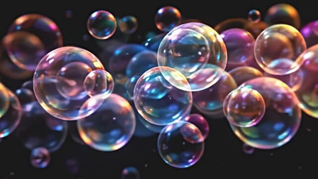 multiple layers of colorful bubbles, each with a unique glow, some transparent and others opaque, creating intricate overlapping patterns, the black background amplifying their brilliance