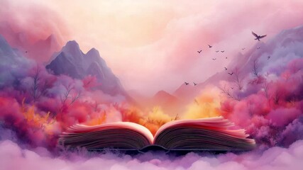 Magical animation of open book transforming into fantasy landscape with mountains, birds, and colorful forest in dreamy pastel tones, perfect for education content, storytelling intros, and book trail - Powered by Adobe