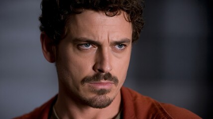 Fototapeta premium Close-up of a serious man with curly hair and blue eyes, wearing an orange shirt.
