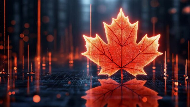 Futuristic digital animation of glowing red maple leaf on dark blue cyber background with copy space for technology branding, Canada Day promos, or fall-themed digital projects