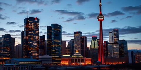Toronto's financial district skyscrapers at dusk, reflecting city lights, perspective, ambition