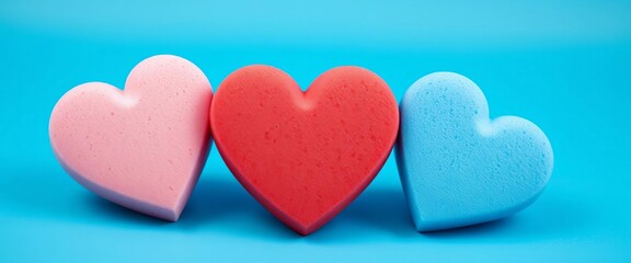 Fototapeta premium Three heart-shaped sponges; red center, blue flanking, on blue background , hearts, domestic