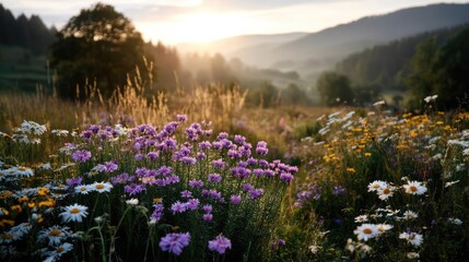 Obraz premium Blooming flowers in meadow through dreamy gardens and paradise concept. A serene meadow filled with vibrant wildflowers under sunlight.
