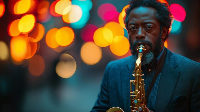  Black male saxophonist performing on city street at night with vibrant bokeh lights, video for jazz promotions, music events, nightlife visuals, with moody tones and copy space on left