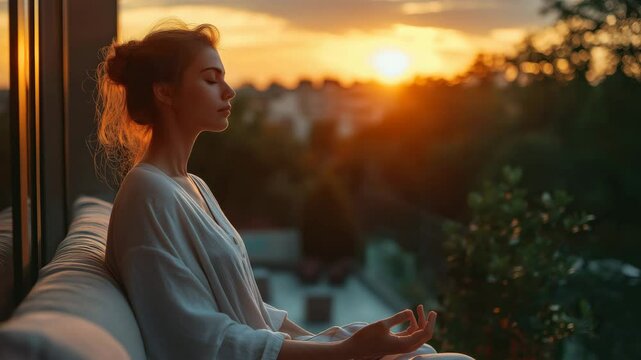 Peaceful video of young Caucasian woman meditating on balcony during sunset, soft golden hour lighting with warm earthy tones, ideal for wellness blogs, mindfulness apps, and self-care promos with cop
