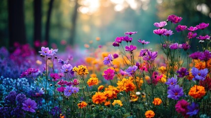 Obraz premium Blooming flowers in meadow through dreamy gardens and paradise concept. A vibrant field of blooming flowers in various colors and types.